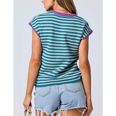 Women's Striped Pullover Tank Top Round Neck Cap Sleeve Summer Casual Vest