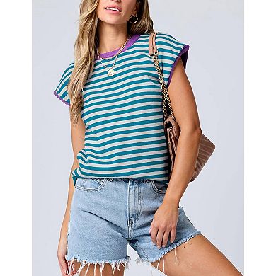 Women's Striped Pullover Tank Top Round Neck Cap Sleeve Summer Casual Vest