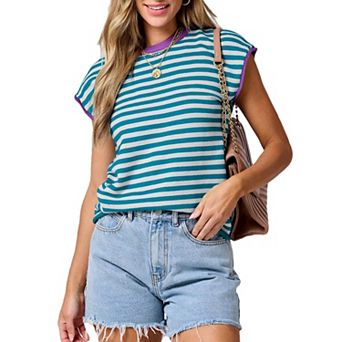 Women's Striped Pullover Tank Top Round Neck Cap Sleeve Summer Casual Vest