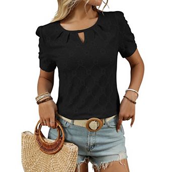 Women's Crew Neck Short Sleeve Hollow Out Casual Top Lace Knit T Shirt