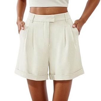 Womens High Waist Shorts with Pleats Side Pockets and Elastic Back Summer Casual Shorts