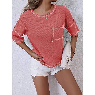 Womens Short Sleeve Summer Tops Crewneck Knit Solid Loose Casual Basic T Shirts Tee