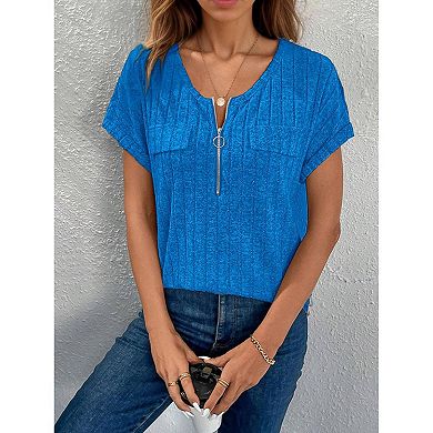 Women's Relaxed Fit Short Sleeve Top Zip Front Soft Drape Shirt Casual Blouse for Daily Wear