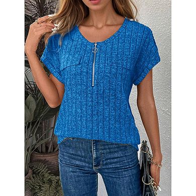 Women's Relaxed Fit Short Sleeve Top Zip Front Soft Drape Shirt Casual Blouse for Daily Wear