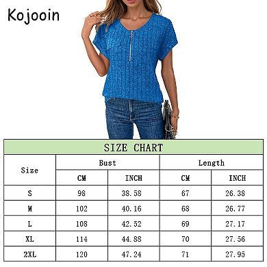 Women's Relaxed Fit Short Sleeve Top Zip Front Soft Drape Shirt Casual Blouse for Daily Wear