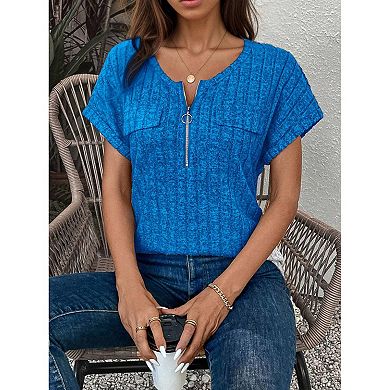 Women's Relaxed Fit Short Sleeve Top Zip Front Soft Drape Shirt Casual Blouse for Daily Wear