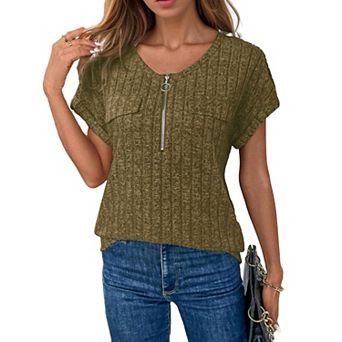Women's Relaxed Fit Short Sleeve Top Zip Front Soft Drape Shirt Casual Blouse for Daily Wear