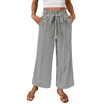 Women's Striped Flowy Wide Leg Pants with Side Pockets Drawstring Waist Trousers