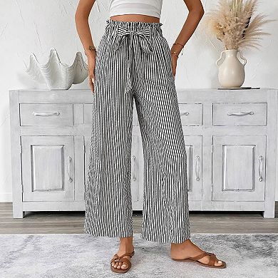 Women's Striped Flowy Wide Leg Pants with Side Pockets Drawstring Waist Trousers