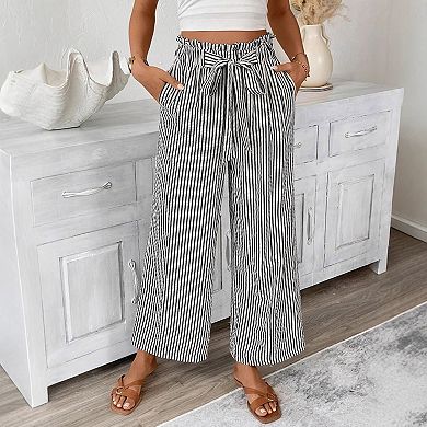 Women's Striped Flowy Wide Leg Pants with Side Pockets Drawstring Waist Trousers