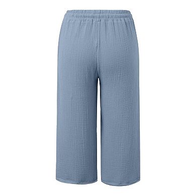 Women Cropped Linen Pants Drawstring Elastic Waisted Lounge Pants Pull On Capris with Pockets