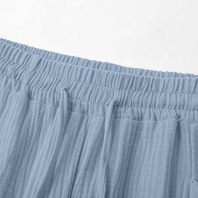 Women Cropped Linen Pants Drawstring Elastic Waisted Lounge Pants Pull On Capris with Pockets