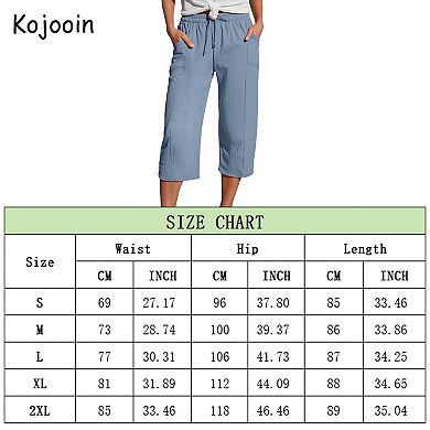 Women Cropped Linen Pants Drawstring Elastic Waisted Lounge Pants Pull On Capris with Pockets
