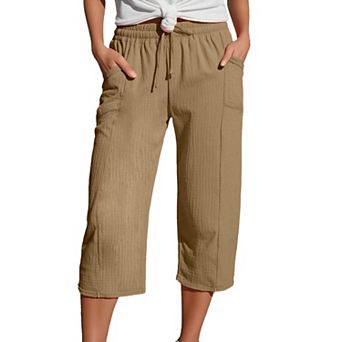 Women Cropped Linen Pants Drawstring Elastic Waisted Lounge Pants Pull On Capris with Pockets