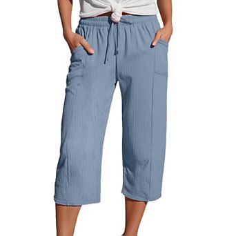 Women Cropped Linen Pants Drawstring Elastic Waisted Lounge Pants Pull On Capris with Pockets
