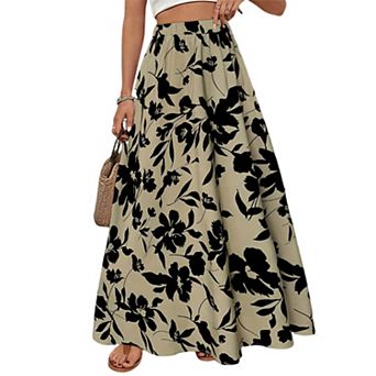 Women's Floral Print Maxi Skirt Bohemian Flowy Flared Long Skirt with Elastic Waist