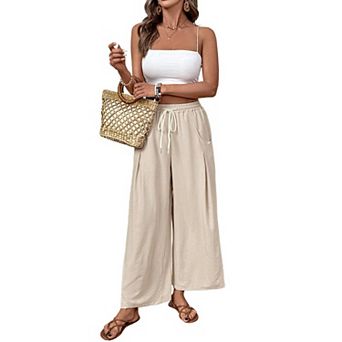 Women Casual Pants Wide Leg Lightweight High Waist Elastic Adjustable Palazzo Linen Pant