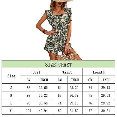 Women's Boho Floral Print Square Neck Ruffle Sleeve Rompers Jumpsuit