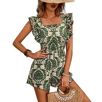 Women's Boho Floral Print Square Neck Ruffle Sleeve Rompers Jumpsuit