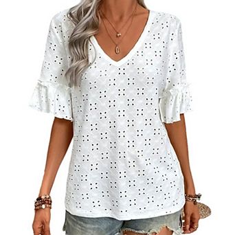 Women's Eyelet Embroidered V-Neck Blouse, Ruffled Short Sleeve Knit Casual T-Shirt