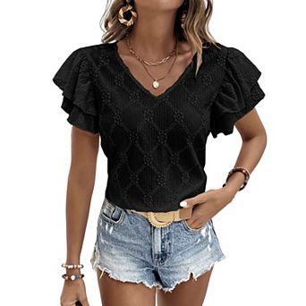 Womens T Shirts Ruffle Short Sleeve Dressy Tops V Neck Casual Blouses Slim Fit Hollow Basic Shirt