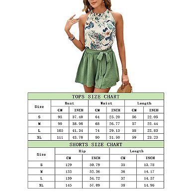 Women's 2 Piece Outfit Tropical Print Tie Back Sleeveless Halter Top and Belted Shorts Sets