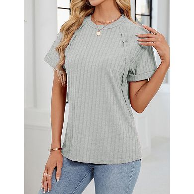 Women's Ribbed Short Sleeve T-Shirt Crew Neck Relaxed Fit Casual Top