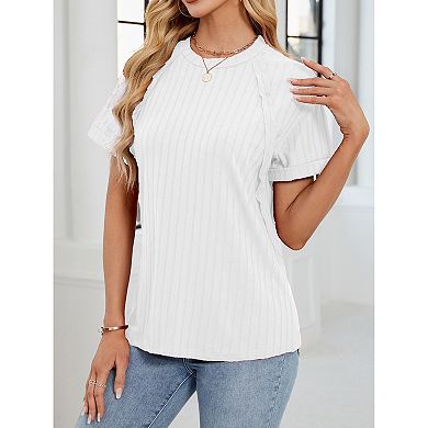 Women's Ribbed Short Sleeve T-Shirt Crew Neck Relaxed Fit Casual Top