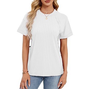 Women's Ribbed Short Sleeve T-Shirt Crew Neck Relaxed Fit Casual Top