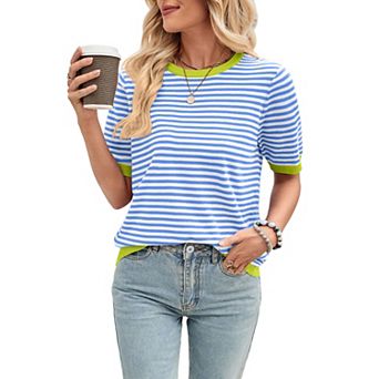 Womens Tops Casual Summer Crewneck Short Sleeve Striped Color Block Knit High Low Trendy T Shirt