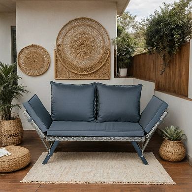 WOW PIONEER Wicker Patio Side Bench with Foldable Armrests and Cushion
