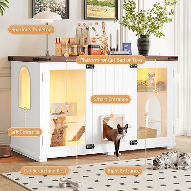 47.25" Large Cat Litter Box Enclosure with LED Light, Hidden Furniture with Stairs & Scratching Post
