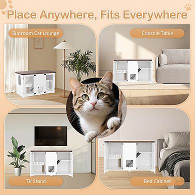 47.25" Large Cat Litter Box Enclosure with LED Light, Hidden Furniture with Stairs & Scratching Post