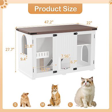 47.25" Large Cat Litter Box Enclosure with LED Light, Hidden Furniture with Stairs & Scratching Post
