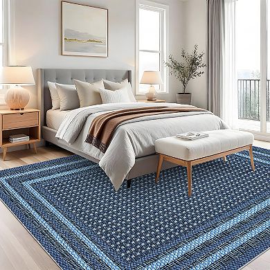 Geometric Living Room Rugs, Washable Bordered Print Soft Bedroom Carpet, Low Pile Floor Cover