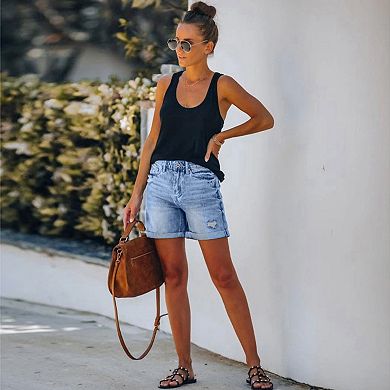 Womens High Waisted Denim Shorts with Pockets Summer Comfy Ripped Rolled Hem Beach Jeans