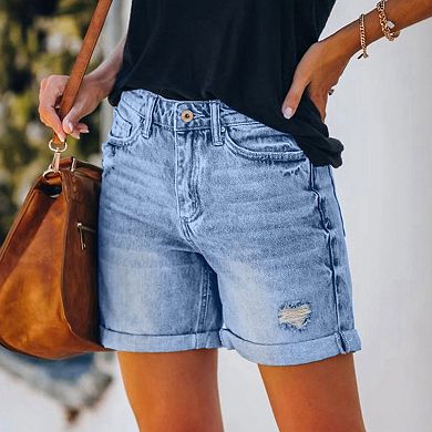 Womens High Waisted Denim Shorts with Pockets Summer Comfy Ripped Rolled Hem Beach Jeans