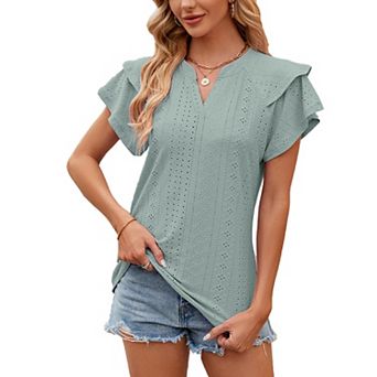 Boho Tops for Women Layered Ruffle Short Sleeve Shirts Notch V Neck Summer Casual Tunic Top Blouse