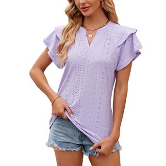 Boho Tops for Women Layered Ruffle Short Sleeve Shirts Notch V Neck Summer Casual Tunic Top Blouse