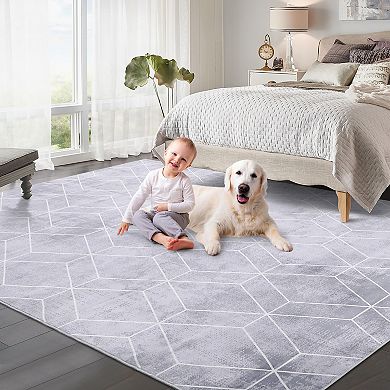 Machine Washable Modern Rug, Non Slip Rug Stain Resistant Carpet, Geometric Low Pile Floor Cover