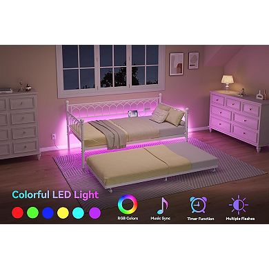 Metal Trundle Bed with Charging Station & LED Lights