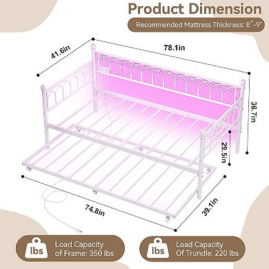 Metal Trundle Bed with Charging Station & LED Lights