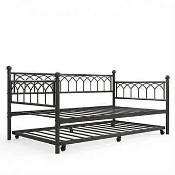 Metal Trundle Bed with Charging Station & LED Lights