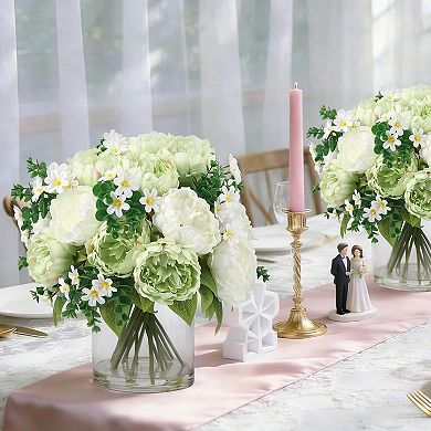 17-Piece Mixed Silk Peony Bouquet in Glass Vase with Faux Water