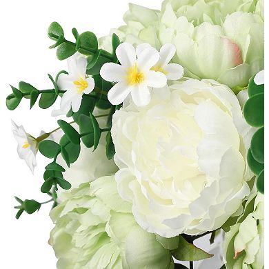 17-Piece Mixed Silk Peony Bouquet in Glass Vase with Faux Water