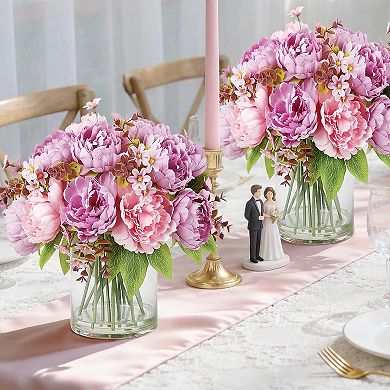 17-Piece Mixed Silk Peony Bouquet in Glass Vase with Faux Water