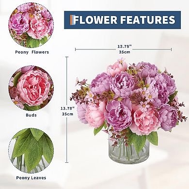 17-Piece Mixed Silk Peony Bouquet in Glass Vase with Faux Water