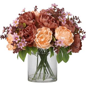 17 pc Mixed Silk Peony Bouquet in Glass Vase with Faux Water