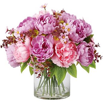 17 pc Mixed Silk Peony Bouquet in Glass Vase with Faux Water