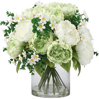 17 pc Mixed Silk Peony Bouquet in Glass Vase with Faux Water